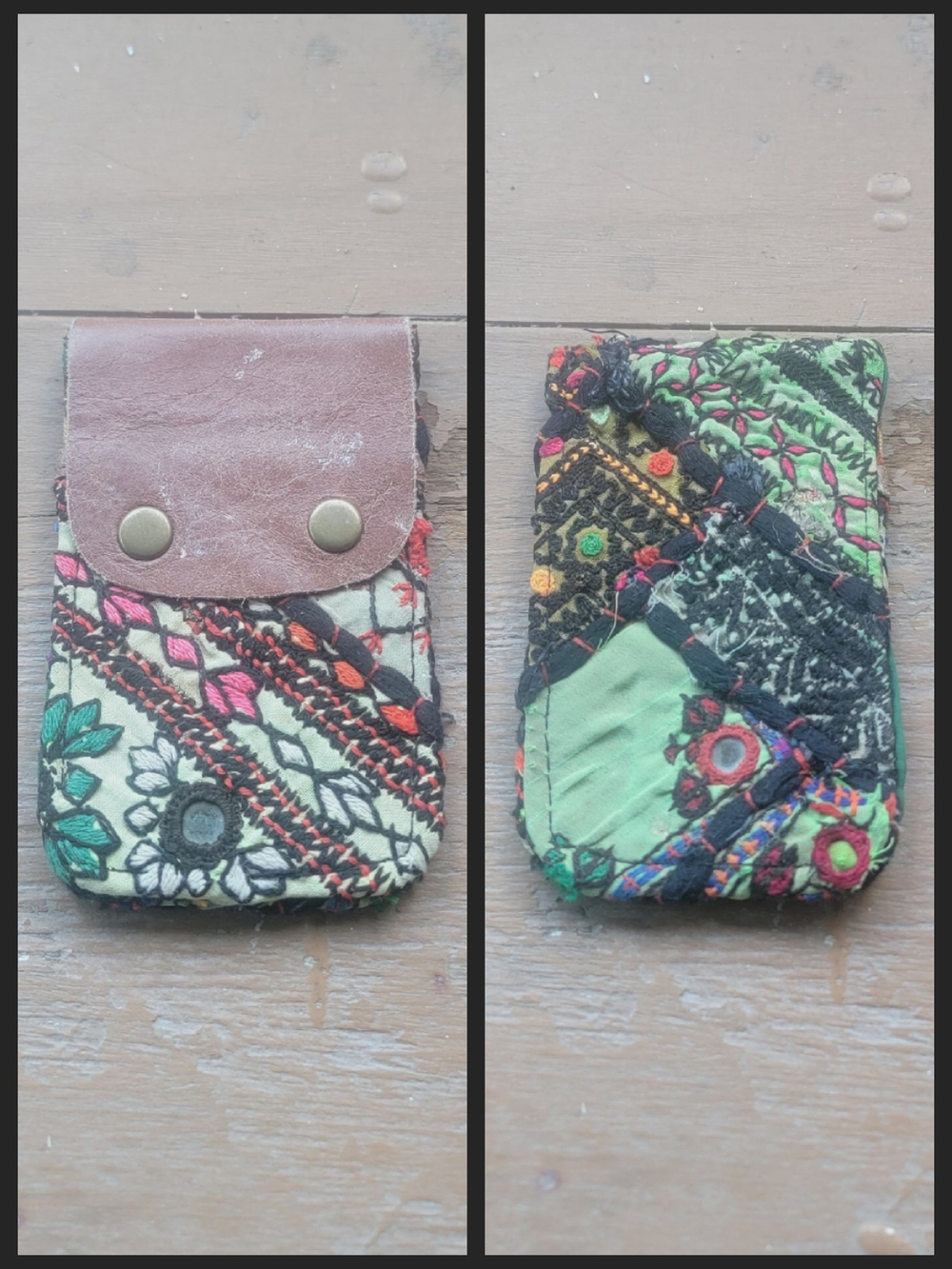 Free People embroidered banjara boho repurposed vtg leather wallet card case
